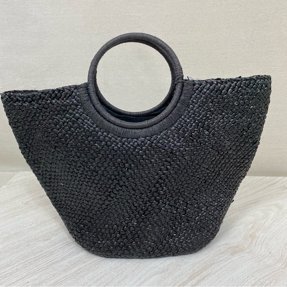 INC International Concepts Black Beaded Tasseled Straw Tote Bag - Picture 3 of 7